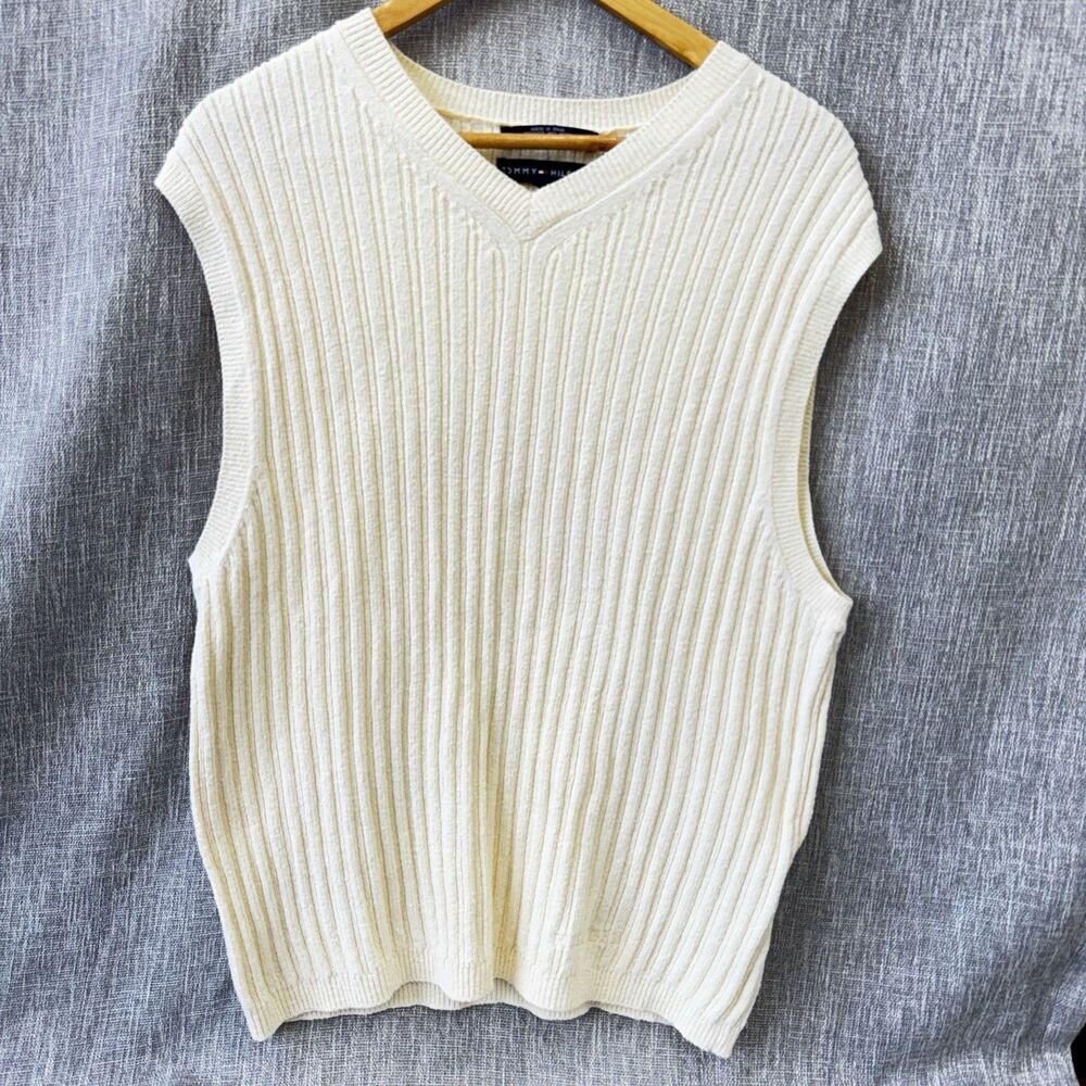 Vintage Tommy Hilfiger Sweater Vest Mens Large Beige Ribbed V Neck Cable Knit